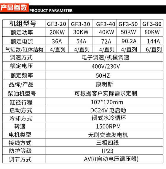 康明斯20-80kw柴油发电机参数